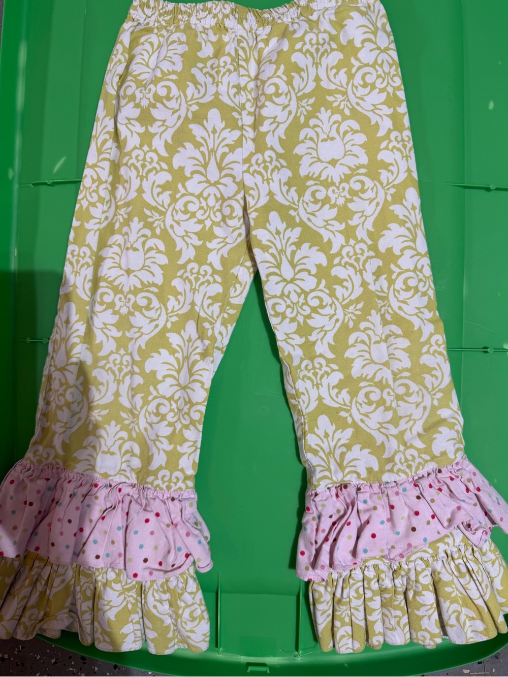Girls Ruffle Hem Damask Print Pants - Yellow & White with Pink Trim